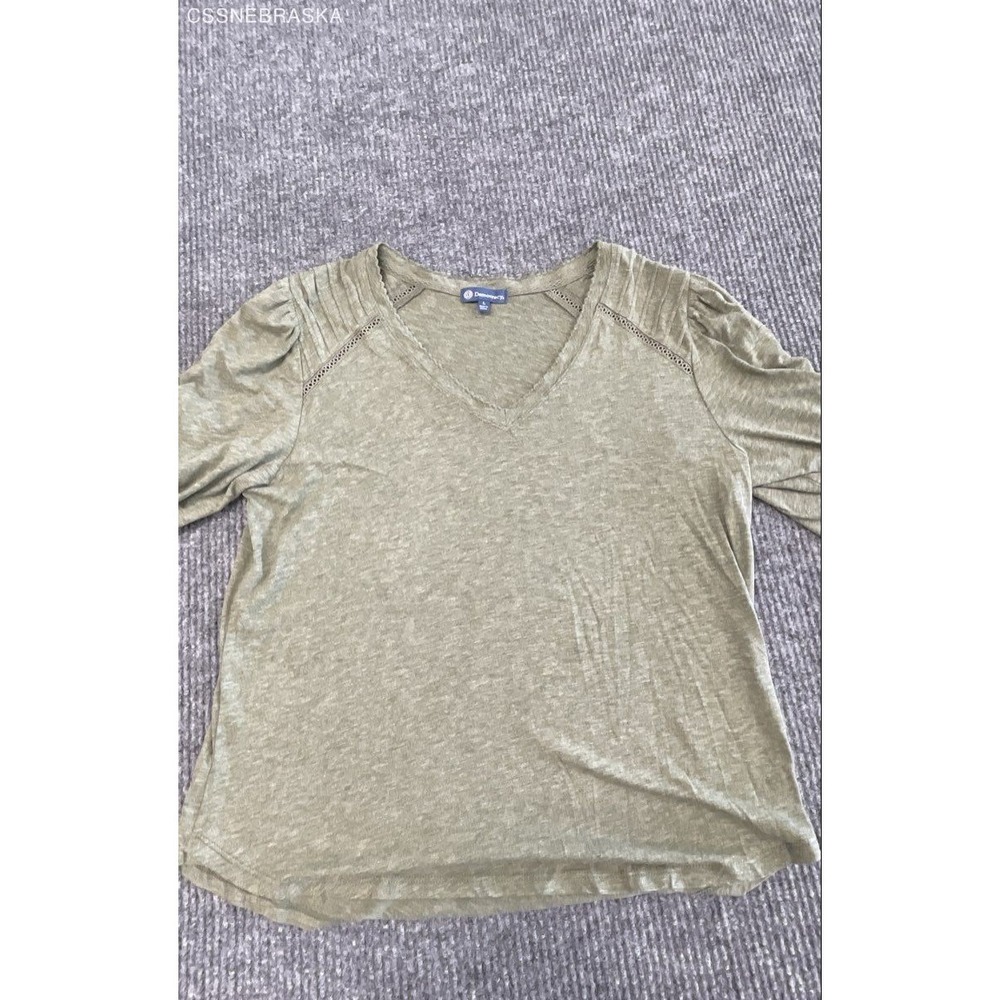 Democracy Women's Olive Green V-Neck Pleated Shoulder Eyelet Slub Top Sz L NWT